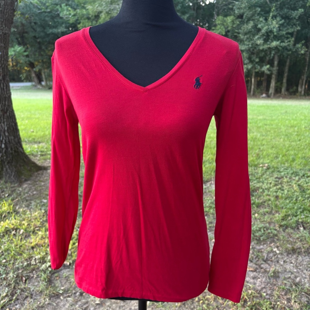 RALPH LAUREN SPORT LONG SLEEVE COTTON V NECK T SHIRT RED NAVY BLUE HORSE LOGO